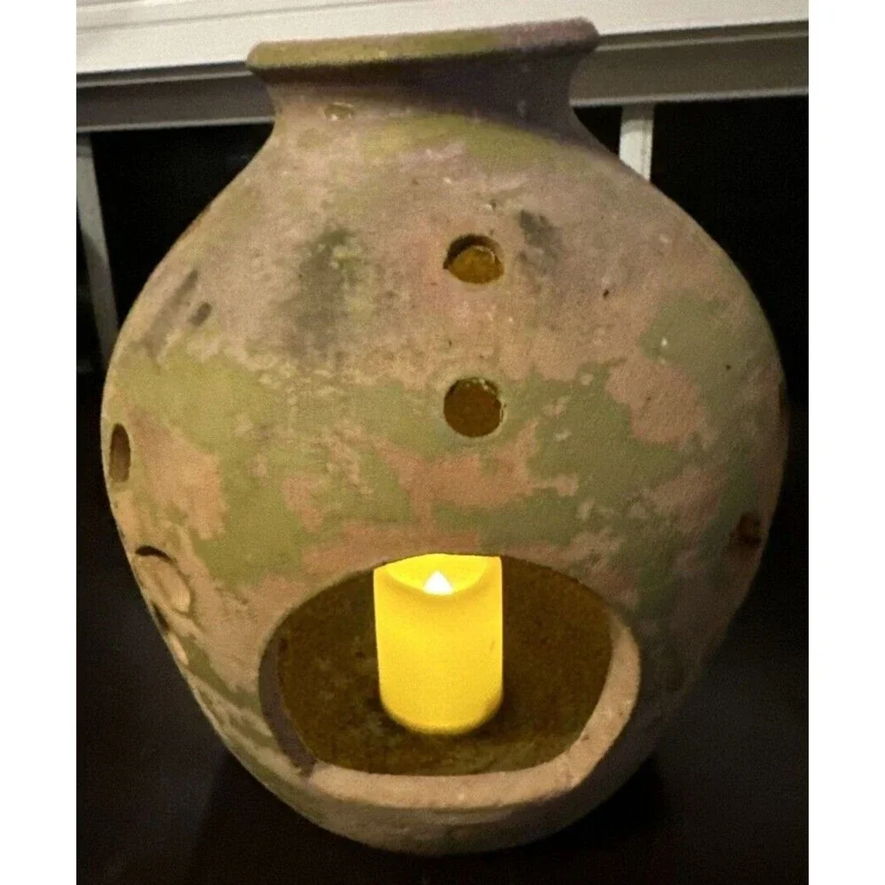 Handmade Rustic clay cut out pottery candle holder votive adobe style decor